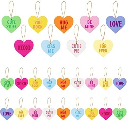 Haooryx 28Pcs Sweet Conversation Candy Heart Wood Ornaments Decoration, Heart Shaped Hanging Deco... | Amazon (US)