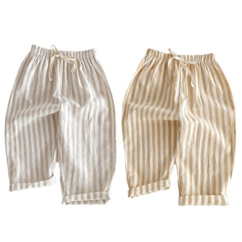 Ashmyova Classic Casual Pants for Boys Thin Cotton Stripe Elastics Waist Spring Summer Trousers Toddler Long Pants 2Pcs Yellow/Khaki Size 3-4 Years | Amazon (US)