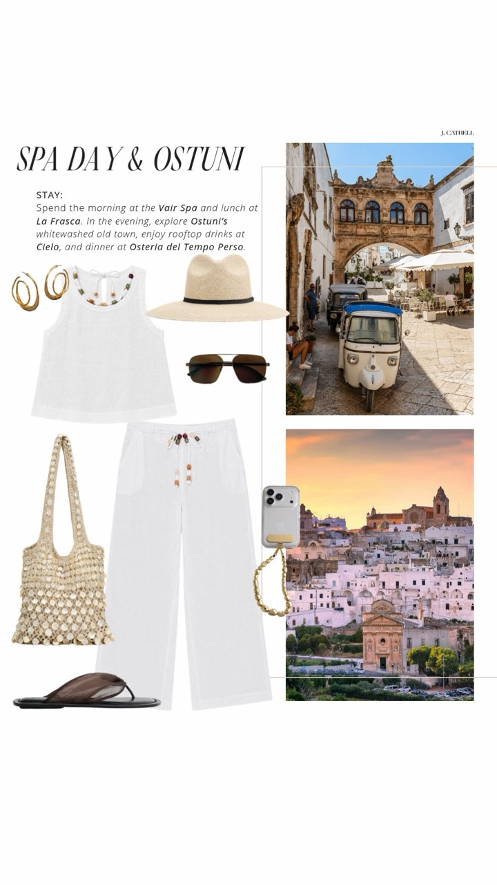 Puglia is the kind of place that changes your pace completely — long lunches, olive groves for miles, whitewashed towns, beach clubs on impossibly blue water, and hotels so beautiful you genuinely never want to leave. 🇮🇹✨

This edit is inspired by the ultimate luxury escape through southern Italy, from Borgo Egnazia to Masseria Trapanà, with chic looks for seaside aperitivos, yacht days, slow mornings, sunset dinners, and every gorgeous moment in between. Think linen sets, elevated sandals, beautiful swimwear, raffia textures, and effortless pieces made for an Italian summer.

Shop the full Puglia-inspired edit below. ☀️

#LTKSeasonal #LTKOver40 #LTKTravel