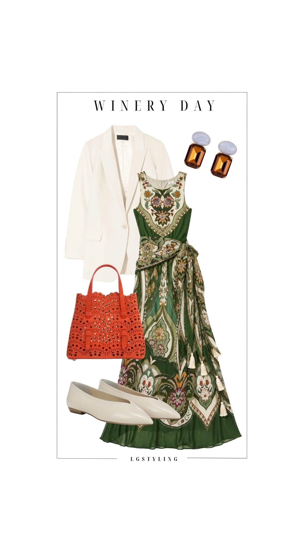 WINERY DAY
Winery day, but make it polished. 🍷 This printed maxi does all the work, while the ivory blazer and flats keep it elevated and effortless. The pop of orange adds just enough contrast for an end-of-summer look that carries beautifully into fall.
