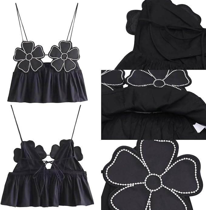 AIBEARTY Women's Floral Appliques Spaghetti Strap Crop Tops Sexy Hollow Out Backless Lace Up Shor... | Amazon (US)