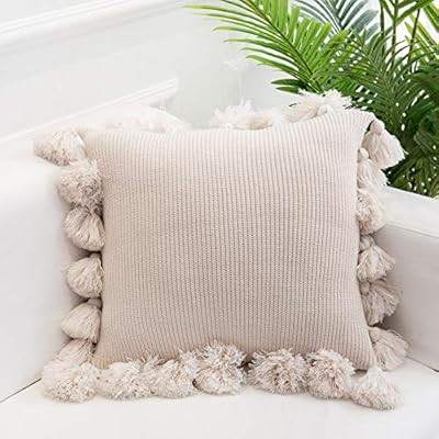 famibay Knitted Pillow Covers with Pompoms Tassel Boho Striped Cable Knit Throw Pillow Cases Deco... | Amazon (US)