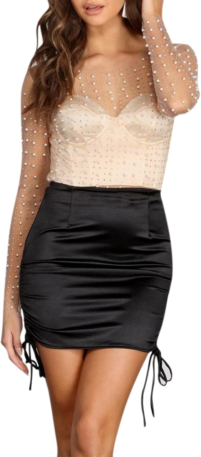 Women Sexy Pearl See Through Long Sleeve Crop Tops Mesh Sheer Rhinestone Blouse Shirts Party Club... | Amazon (US)