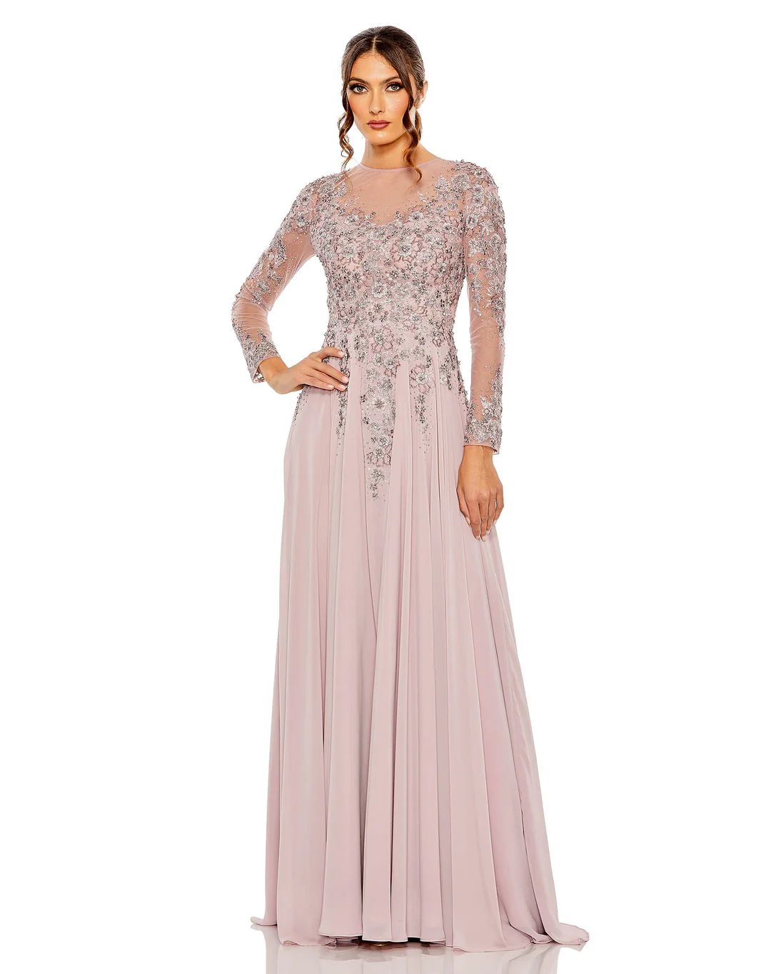 High Neck Mesh Long Sleeve Embellished A Line Gown | Mac Duggal