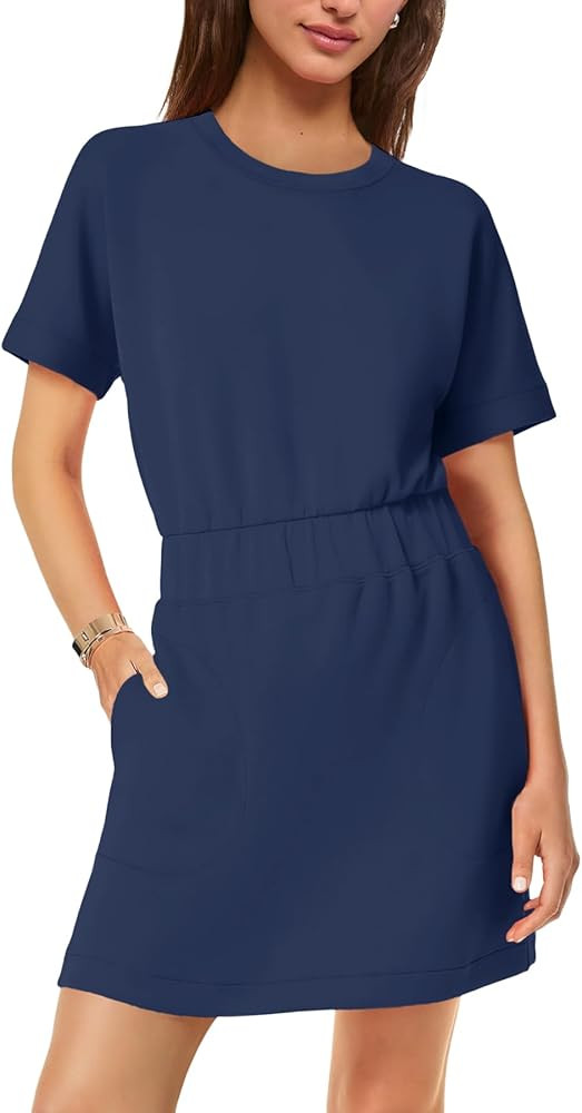 SENSERISE Womens Short Sleeve T Shirt Dresses Crew Neck Solid Color Basic Smocked Waist Dress wit... | Amazon (US)