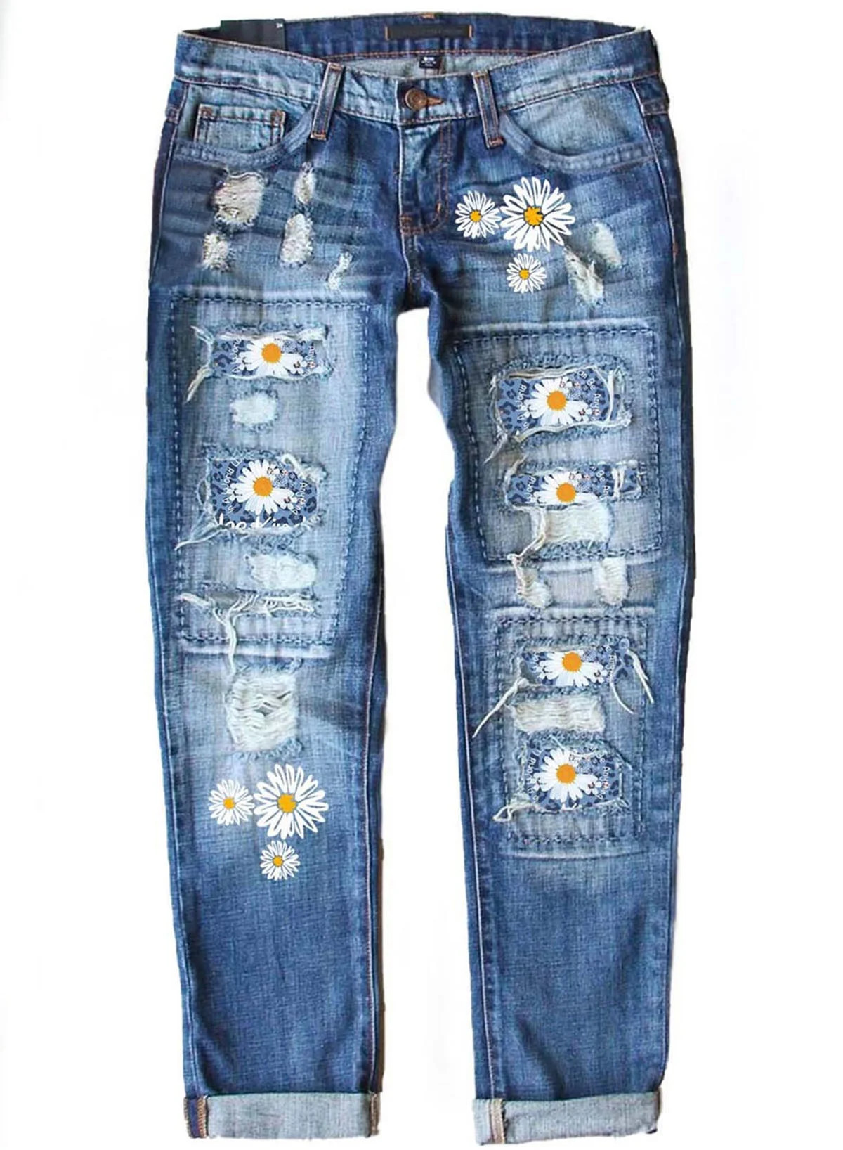 Dokotoo Plus Size Jeans for Women Daisy Printed Ripped Jeans Flower Patchwork Destroyed Stretch D... | Walmart (US)