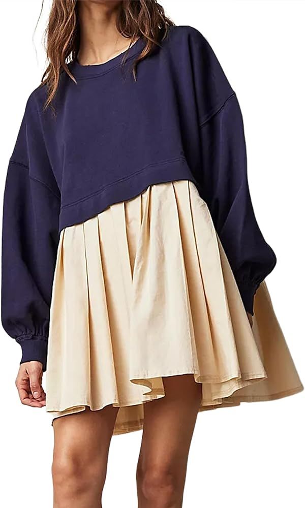 Women Oversized Sweatshirt Dress Patchwork Crewneck Long Sleeve Pullover Tops Flowy Pleated Sweatshi | Amazon (US)