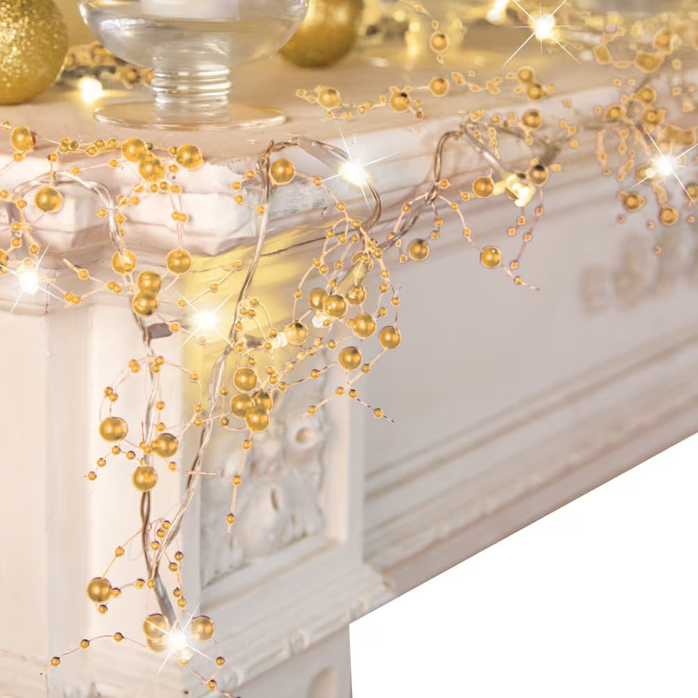 Collections Etc Indoor Christmas Decorations, Festive Lighted Berry Beaded Garland Gold- 120" L | Amazon (US)