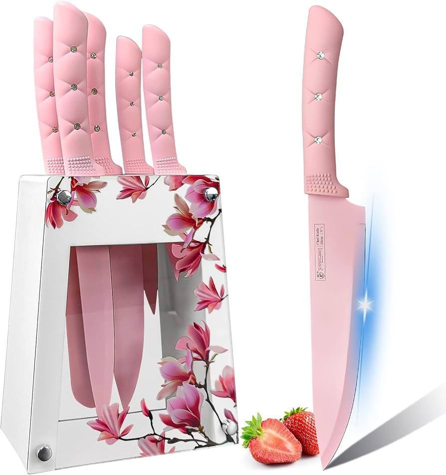 Kitchen Knife Set, Retrosohoo Pink Flower 6PC Stainless Steel Sharp Chef Knife Set with Acrylic S... | Amazon (US)