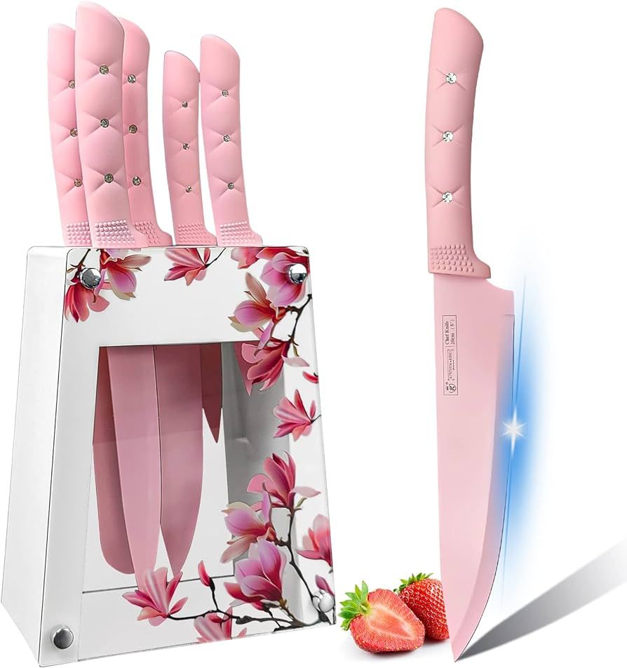 Kitchen Knife Set, Retrosohoo Pink Flower 6PC Stainless Steel Sharp Chef Knife Set with Acrylic S... | Amazon (US)