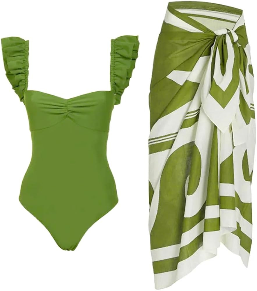 Women One-Piece Swimsuit with Cover up Wrap Skirt Sarong Bathing Suit Beach Outfit Summer | Amazon (US)
