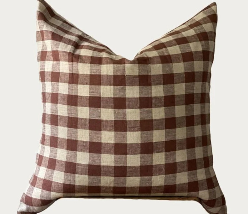 Lennon Pillow Cover, Brown Gingham 100 Percent Linen Throw Pillow, Brown and Natural Gingham Chec... | Etsy (US)