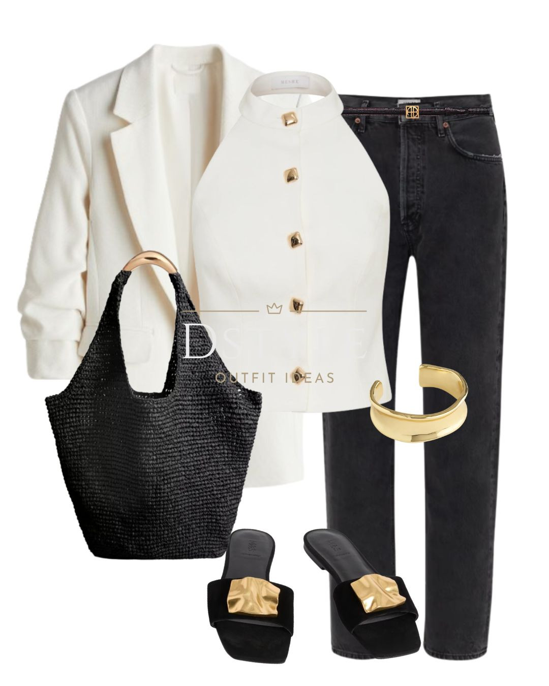 White halter neck top, black jeans, cream blazer, black straw tote bag,  suede gold detail flat mule sandal

#LTKFindsUnder50 #LTKItBag #LTKStyleTip