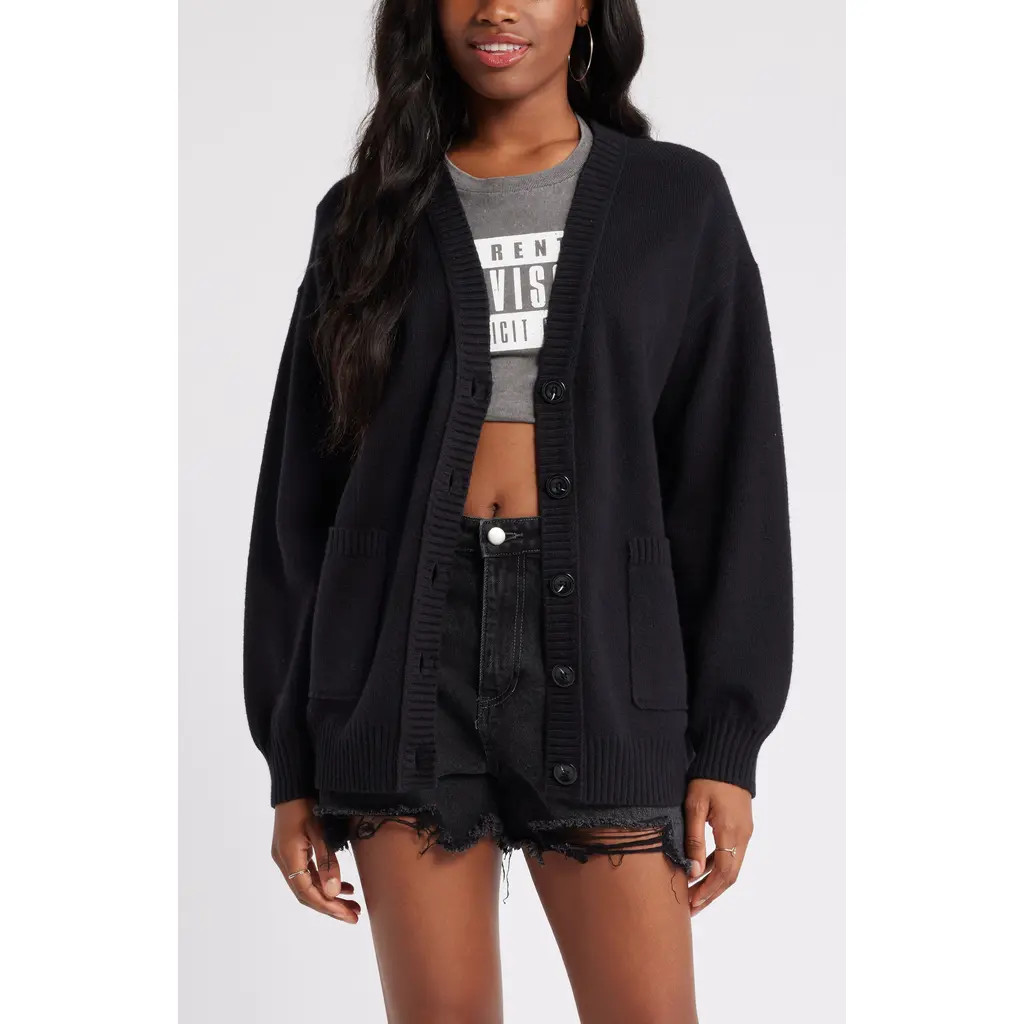 BP. Oversize Front Pocket Cotton Blend Cardigan in Black at Nordstrom, Size Large | Nordstrom