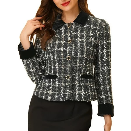 INSPIRE CHIC Women s Elegant Velvet Collared Plaid Tweed Blazer M Black | Walmart (US)