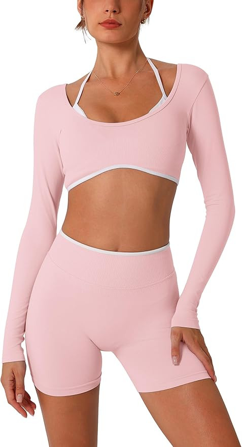 ABOCIW Workout Sets for Women 2 Piece Seamless Color Block Long Sleeve Crop Top Scrunch Butt High... | Amazon (US)