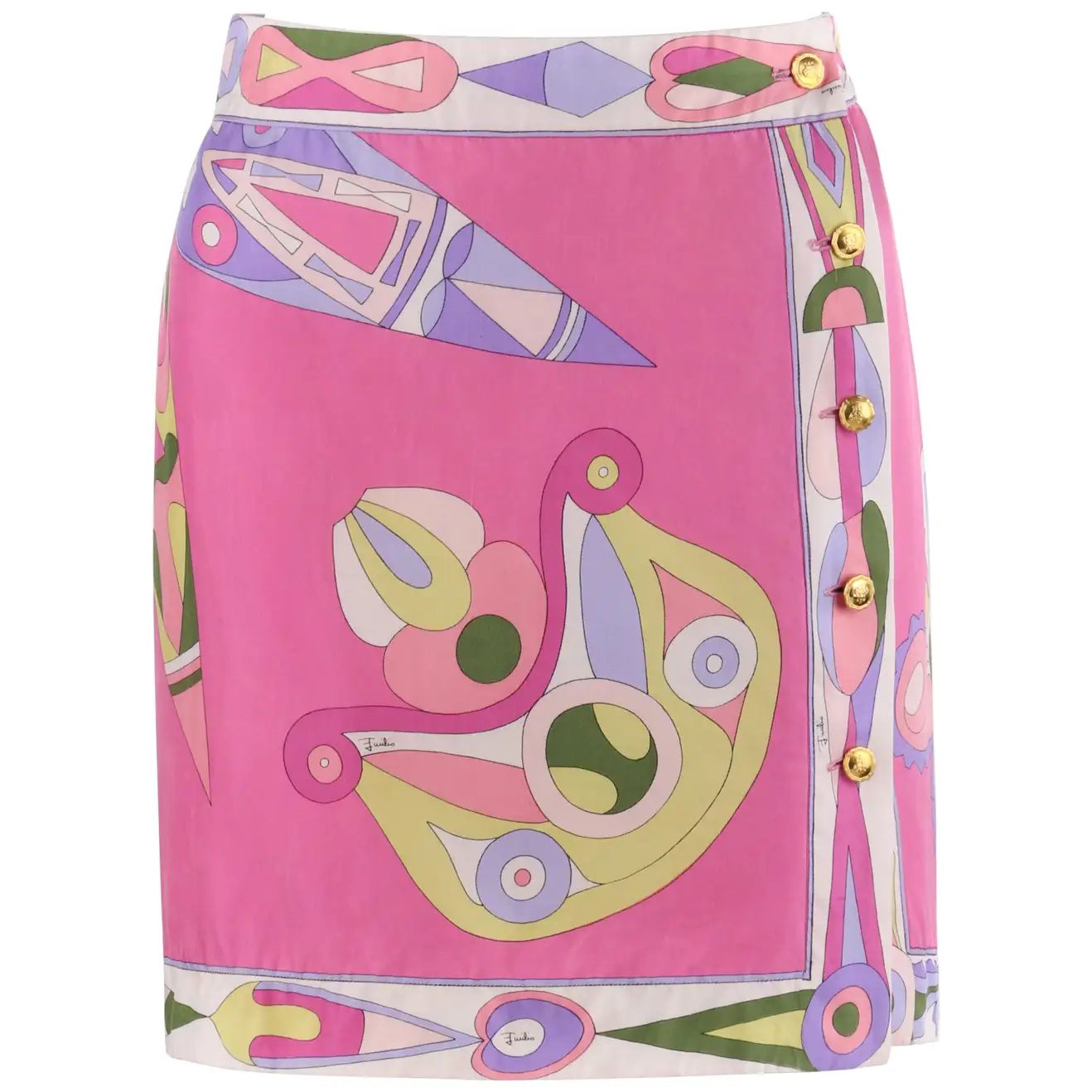EMILIO PUCCI c.1970’s Pink Multi-color Signature Print Silk Wrap Skirt | 1stDibs