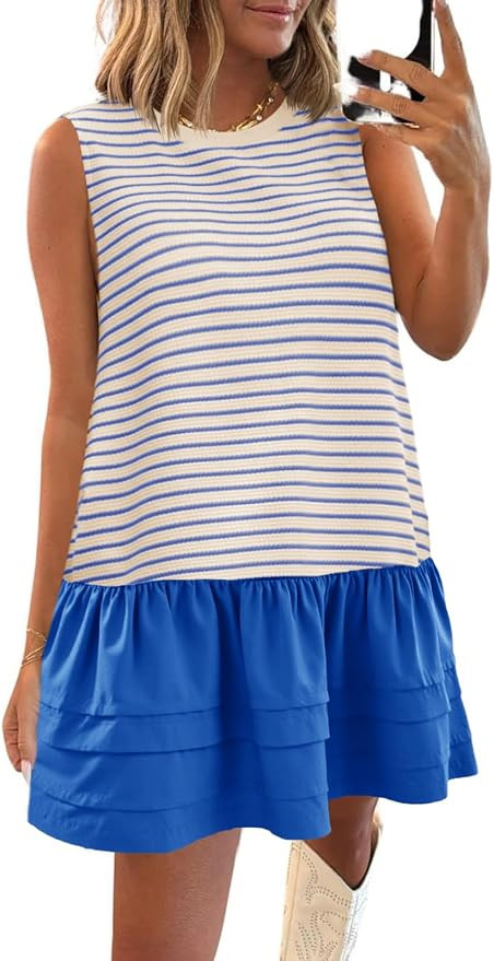 Wenrine Womens Sweatshirt Dress Casual Sleeveless Loose Tank Mini Dresses | Striped, Crewneck, Co... | Amazon (US)