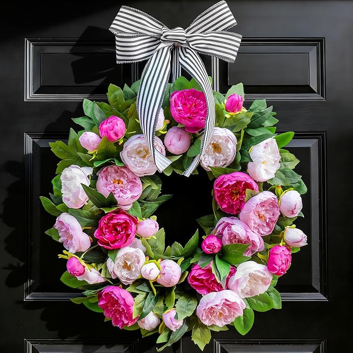 Spring Wreath for Front Door, Artificial Pink & White Peony Flowers with Black and White Striped ... | Amazon (US)