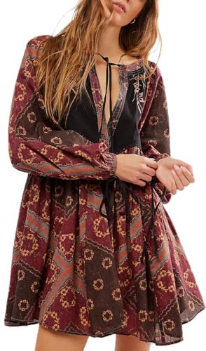 Women Fall Babydoll Puff Sleeve Sundress Boho Embroidered Floral Flowy Short Dress Y2k Tie Front Mini T-Shirt Dress Brown | Amazon (US)