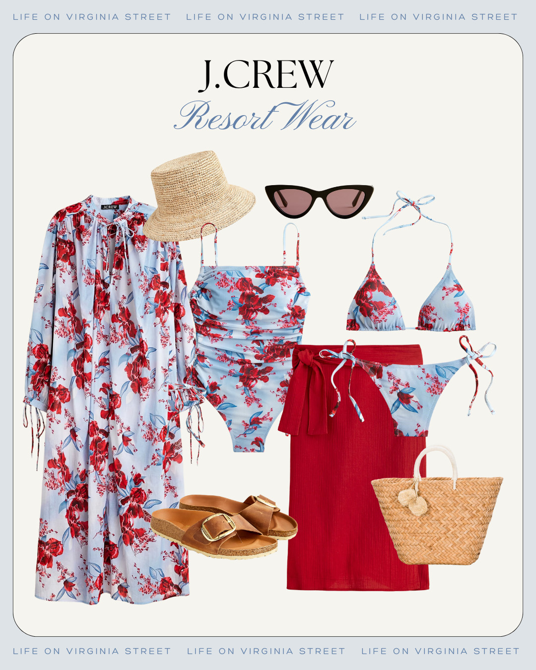 Loving this new resort wear collection from J. Crew! The mix of light blue and red florals are so perfect for a tropical getaway! Includes a ruched swimsuit, bikini, coordinating floral dress, gauze sarong, raffia bucket hat, slide Birkenstocks, sunglasses and a beach tote! #ltkswim #ltkfindsunder100 #ltktravel #ltkseasonal #ltkfindsunder50 #ltksalealert #ltkover40 #ltkmidsize #ltkshoecrush #ltkitbag #ltkstyletip 

 #LTKSaleAlert #LTKFindsUnder100 #LTKSwim