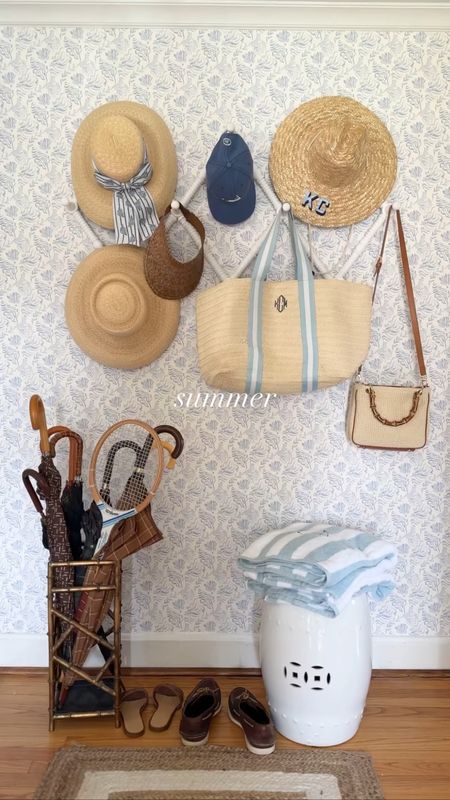 A few peeks at our home updates…summer in the entry way with new wallpaper, wall rack, white garden stool, and beach bag and hat finds all inspired by our Nantucket summers. Also, linking my summer outfit for you. Coastal decor, coastal home, striped beach towels

#LTKSeasonal #LTKitbag #LTKhome