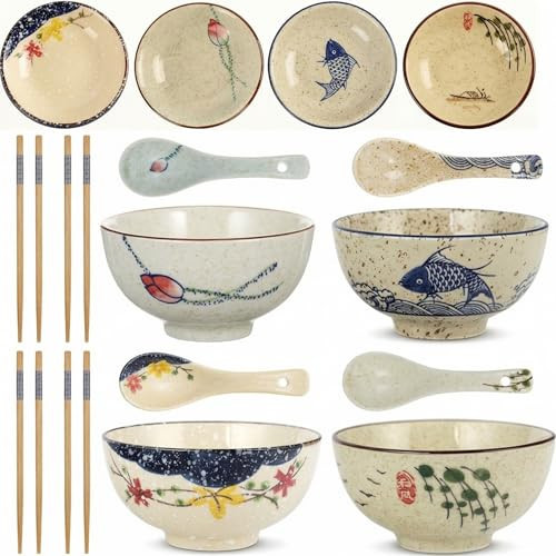 16 Piece Japanese Retro Dinnerware Set for 4 Ceramic Bowls Dish Spoons and Bamboo Chopsticks for Vintage Tableware Home Dining Housewarming Gift | Amazon (US)