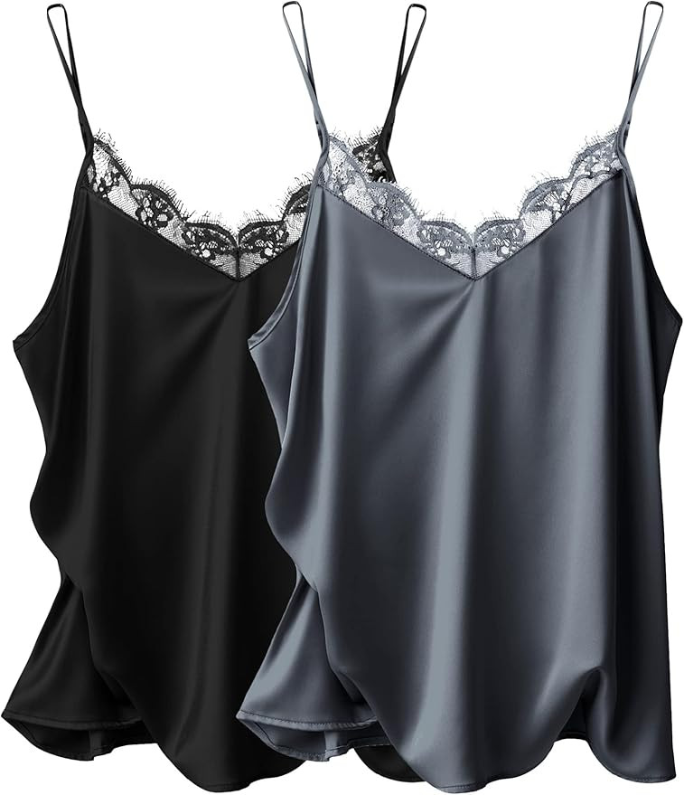 Ekouaer Women's Satin Camisole Lace Silk Satin Pajama Tank Tops V Neck Soft Spaghetti Strap Loose... | Amazon (US)
