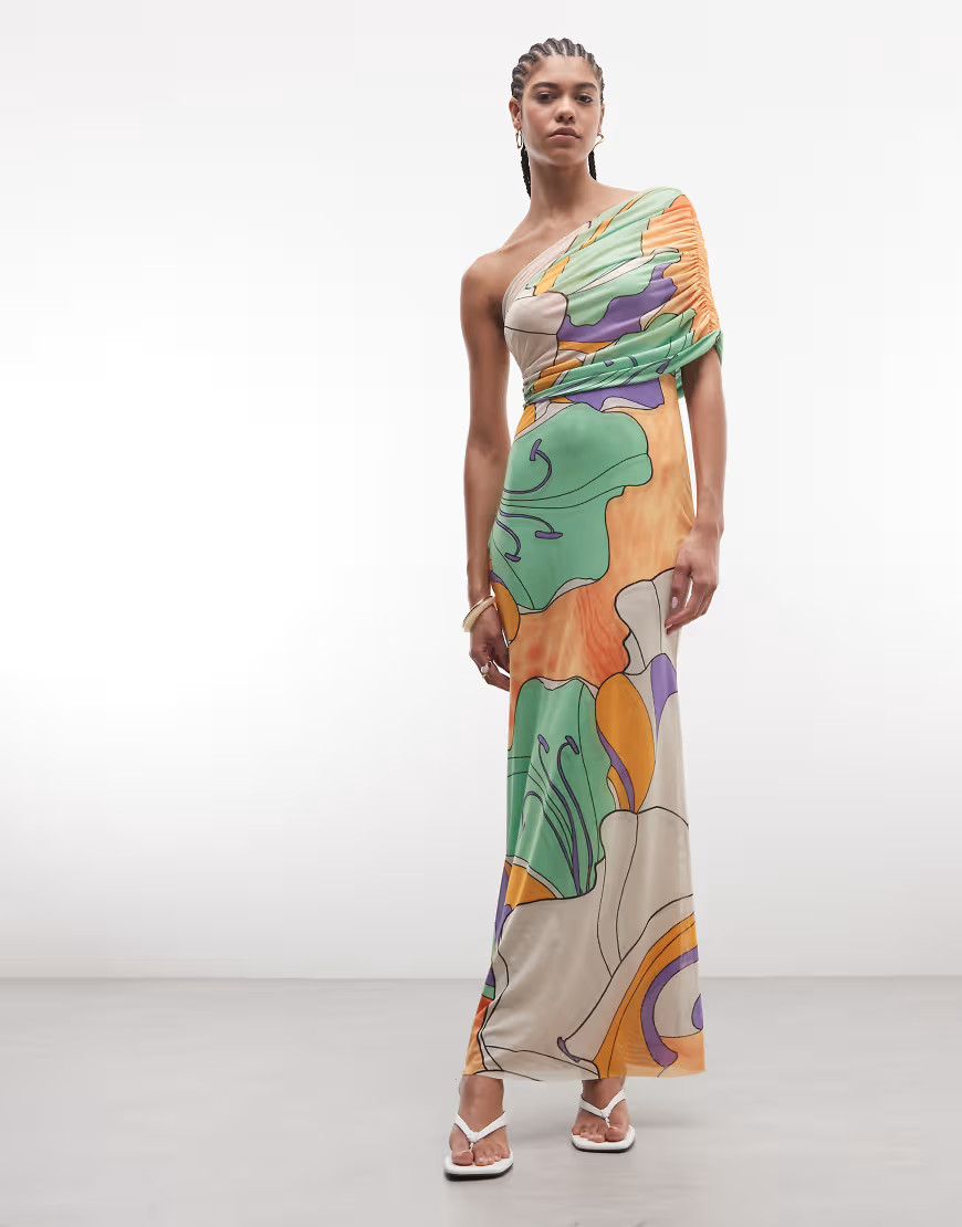 AFRM Mirabell one shoulder draped maxi dress in green floral-Multi | ASOS (Global)