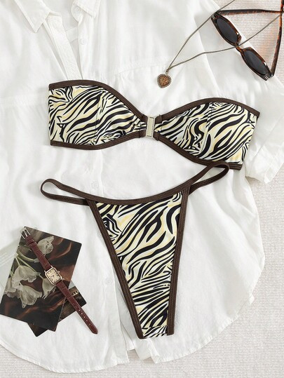 New Fashionable Sexy Striped Print Bandeau Women's Bikini Swimsuit Vacation Beach Summer | SHEIN