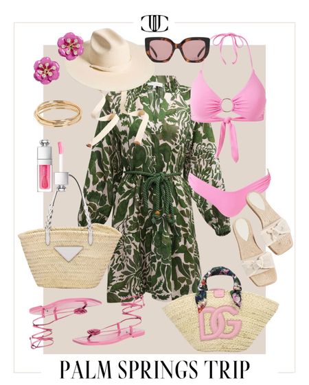 Lounging by the pool in this pink bikini or wearing this adorable dress to lunch with friends at your favorite spot.  Loving the mix of green and pink for a refreshing trip to Palm Springs.

Bikini, two piece bathing suit, sunglasses, slides, sun hat, cover-up, dress, linen dress, summer outfit, travel outfit, vacation outfit 

#LTKtravel #LTKswim #LTKover40
