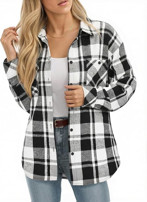 MANGOPOP Women's Oversized Plaid Flannel Button Down Shirt | Amazon (US)
