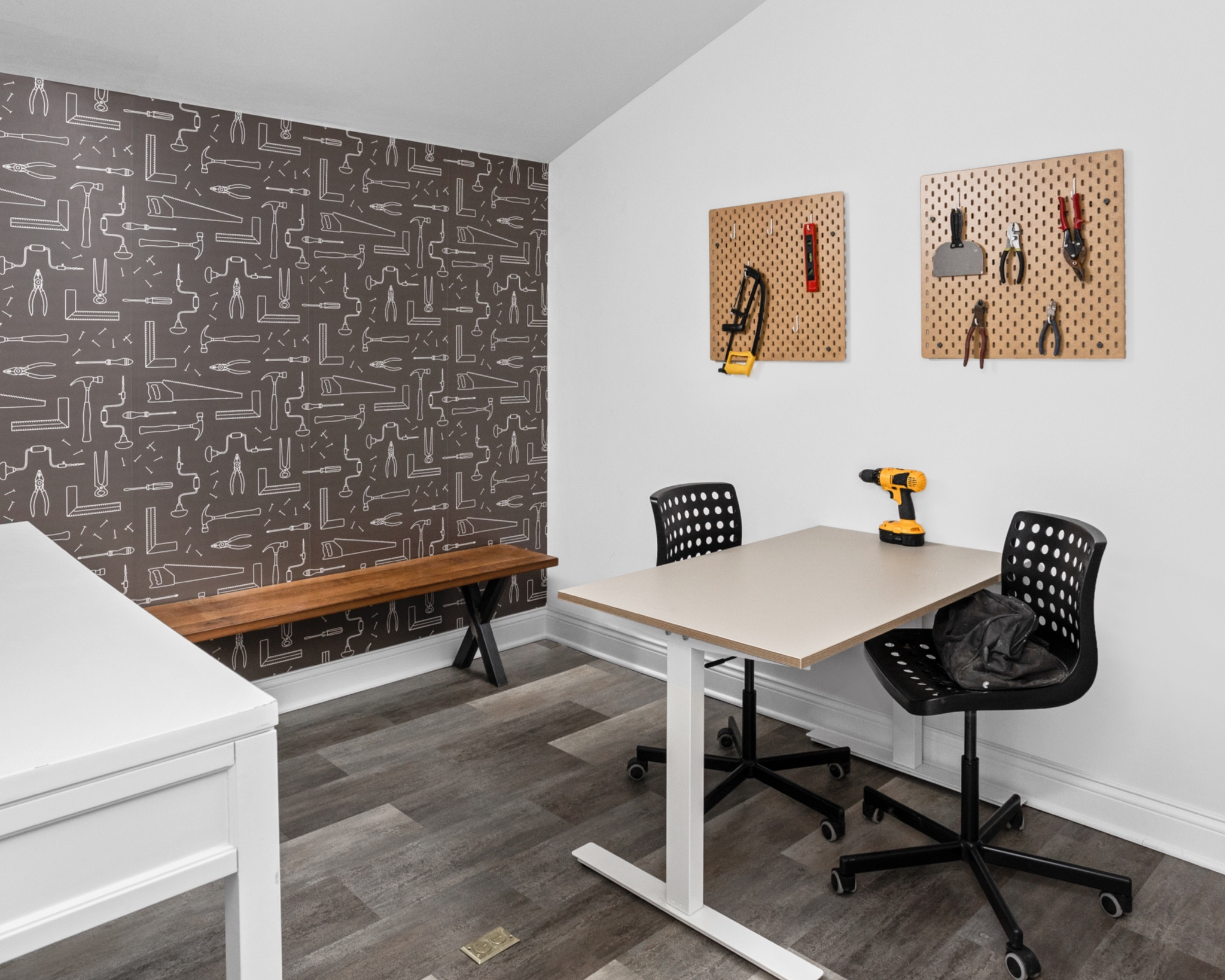 An office full of demo tools for our demo boys was a fun way to make the space different .

#LTKhome