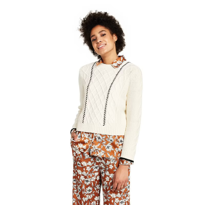Women's Cableknit Whipstich Stripe Crewneck Sweater - La Ligne x Target Cream/Black | Target
