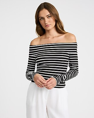 Striped Off The Shoulder Ribbed Sweater | Express