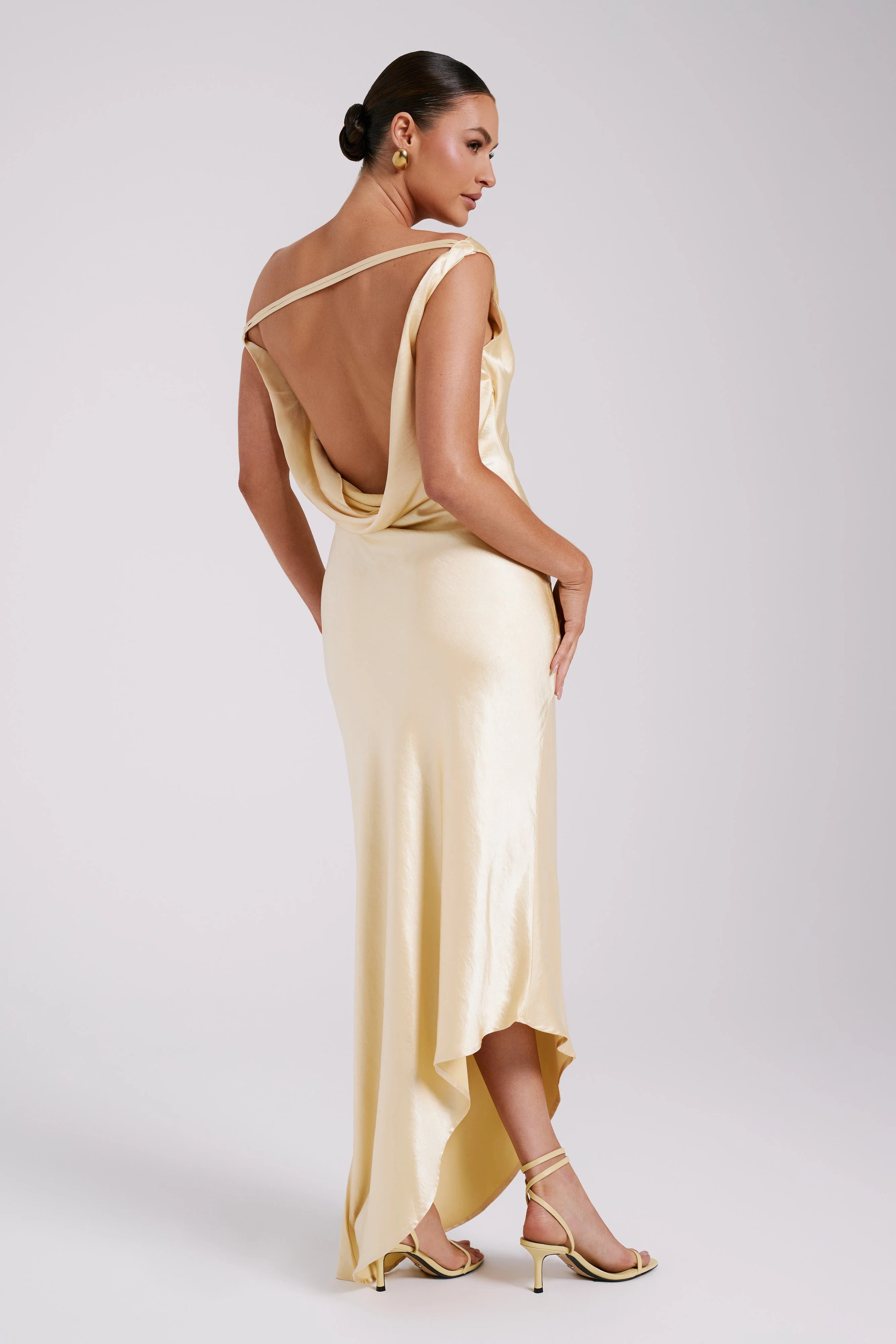 Yvette Slip Maxi Dress With Asymmetrical Hem - Butter | Meshki UK