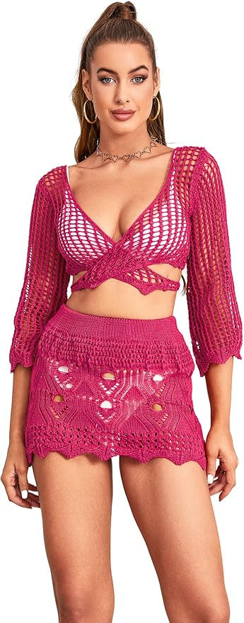 MakeMeChic Women's 2 Piece Crochet Hollow Out Swimsuit Cover Up Beach Skirt Set | Amazon (US)