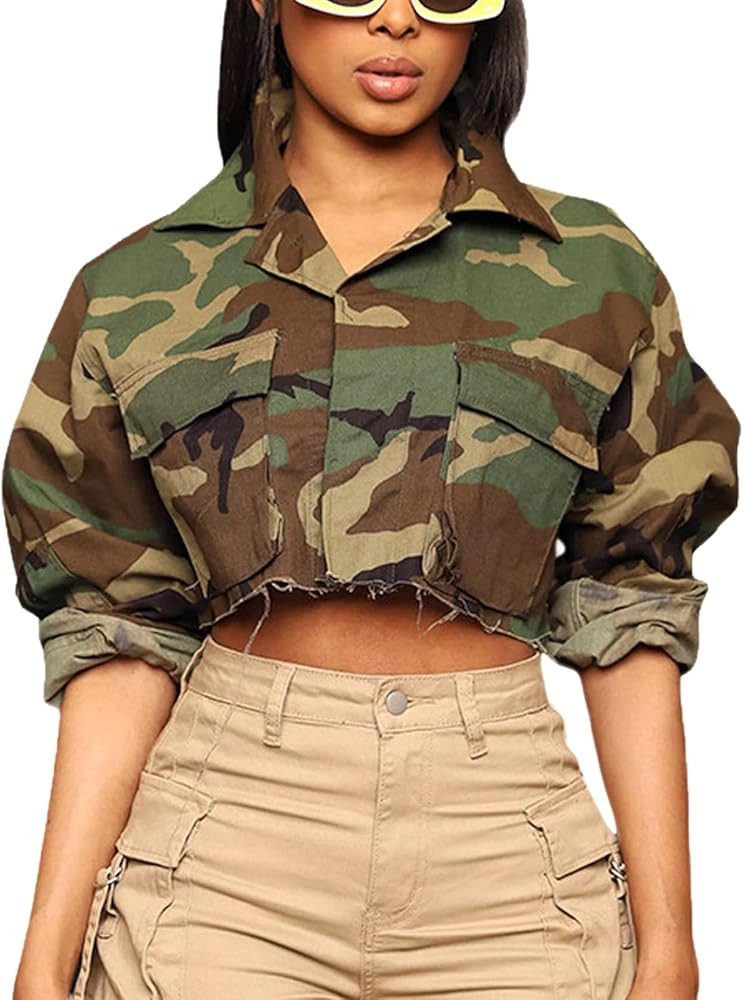 Yimoon Camo Jacket Women Cropped Army Fatigue Jacket Crop Camouflage Top Camo Outfits Casual Carg... | Amazon (US)