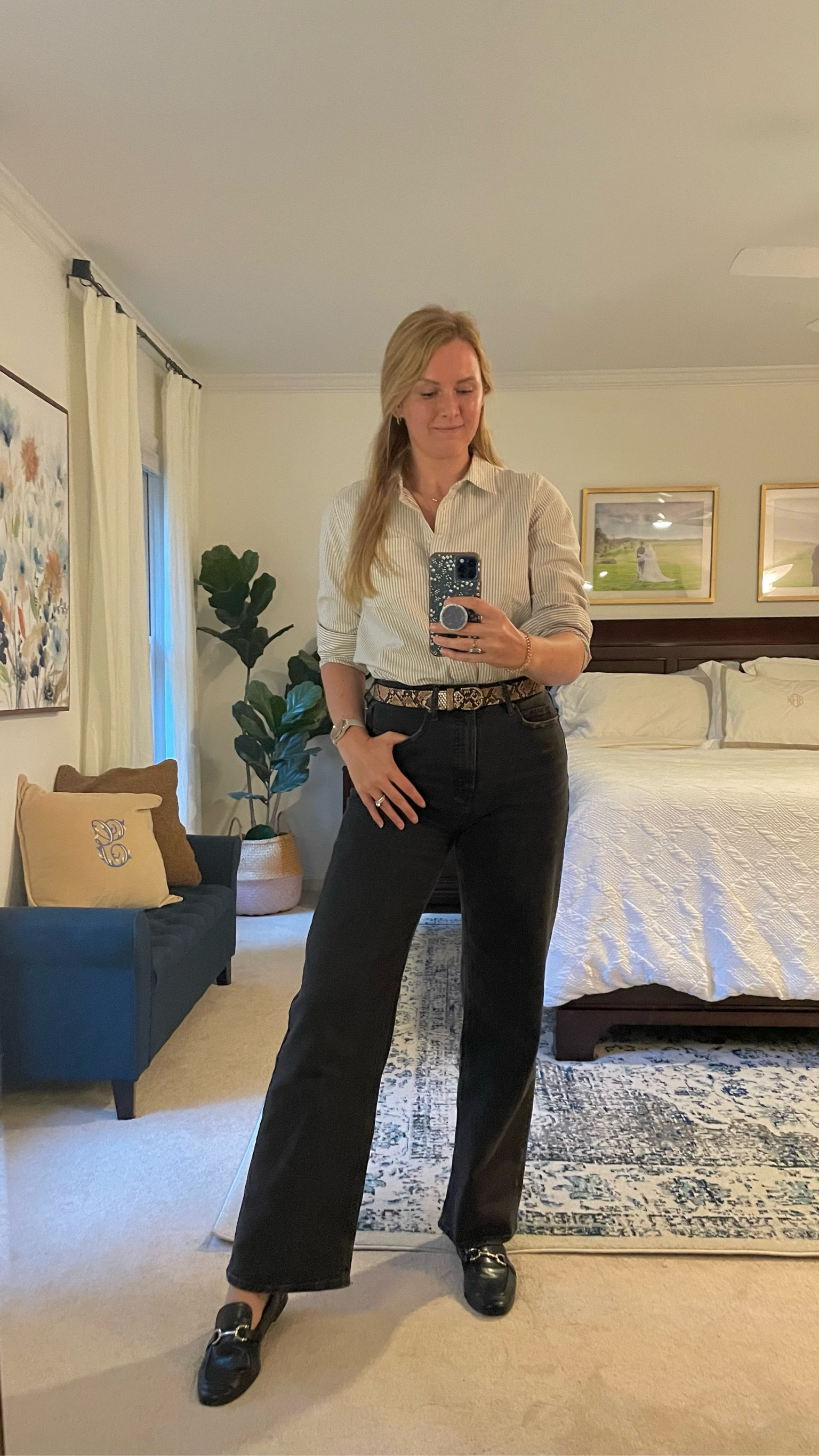 Work outfit from the week.
Striped button down cotton shirt. Roomy fit/could size down for more fitted look.

Black wide leg jeans are super comfy and fit true to size. 35% off this weekend

Snakeskin belt

Black & gold Loafers - fit true to size & 30% off

#LTKsalealert #LTKfindsunder50
