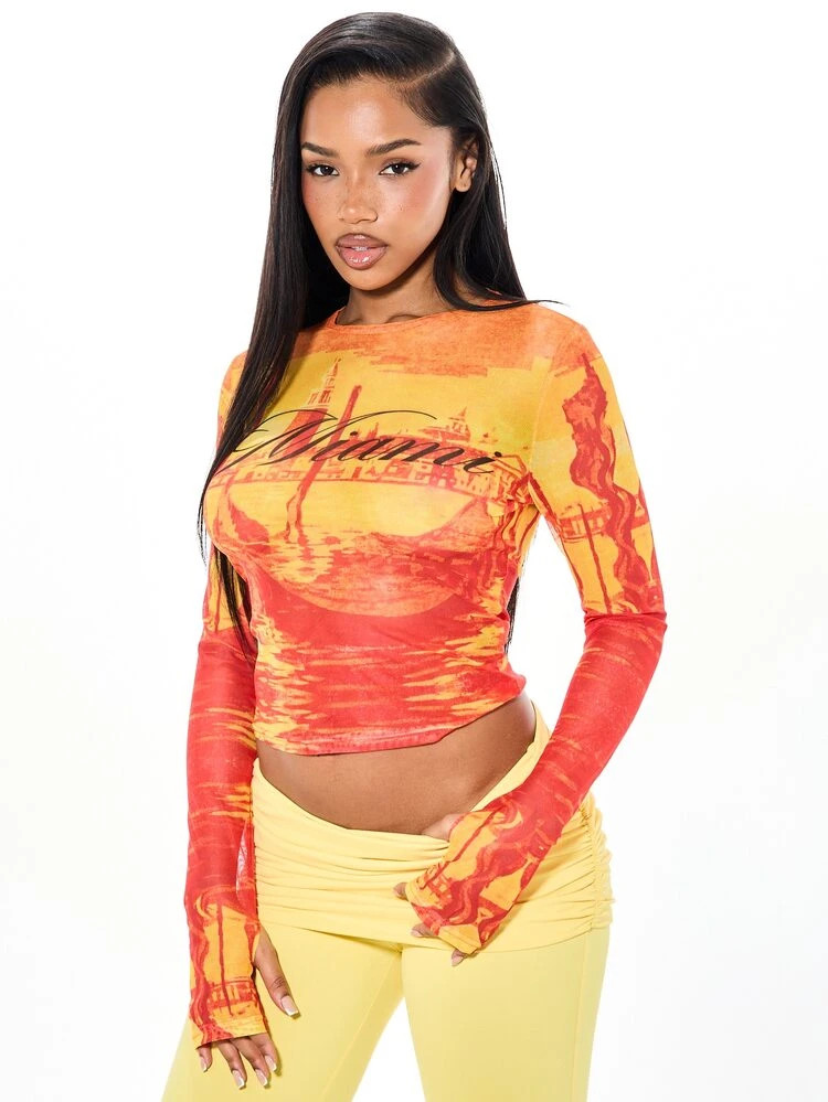 SUMWON WOMEN Miami City Scenic Long Sleeve Mesh Graphic Crop Top With Fingerless Thumb Hole Sleev... | SHEIN