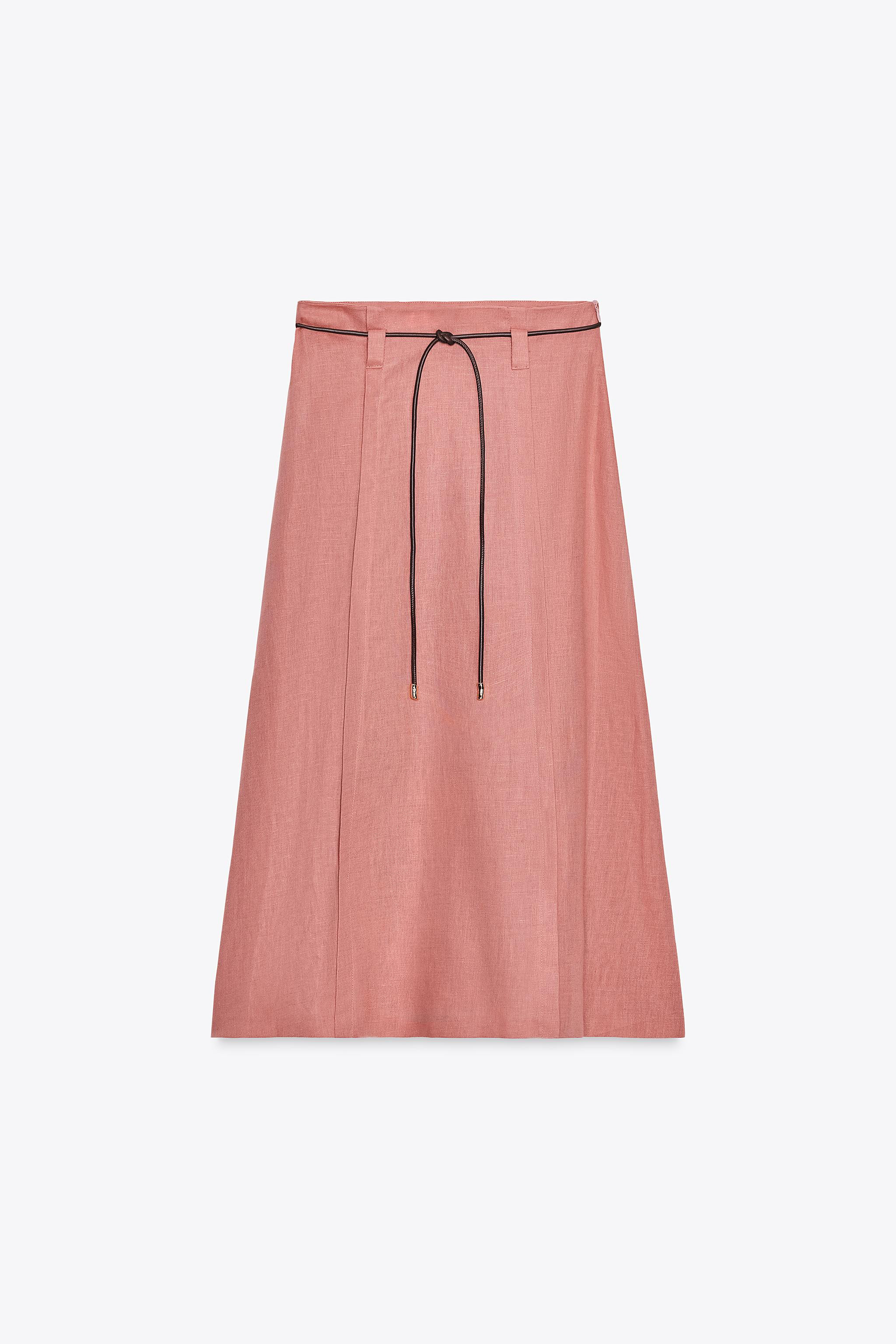 LINEN BELTED MIDI SKIRT | Zara US