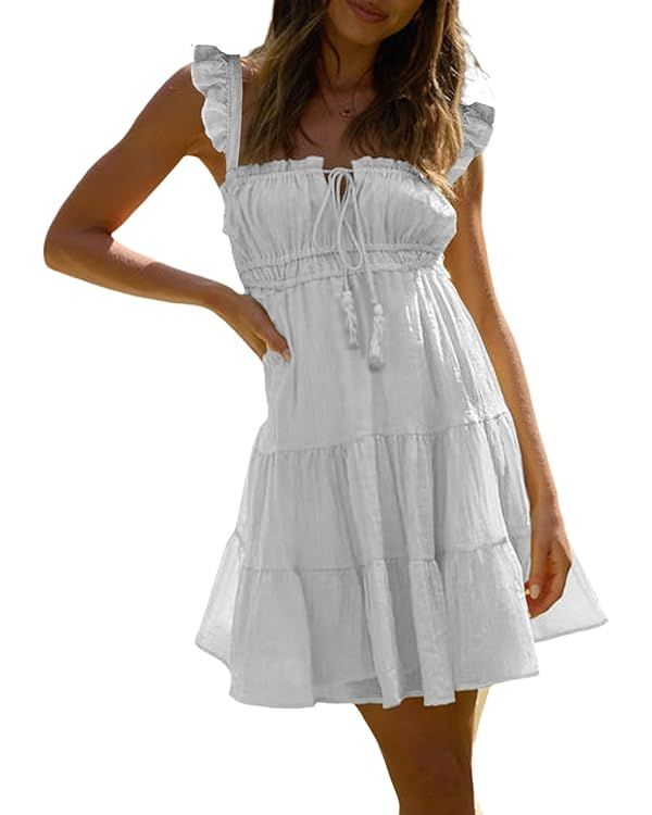 Yuemengxuan Women 2023 Summer Mini Dresses Strap Cutout Boho Mini Dress A-Line Flowy Swing Dress ... | Amazon (US)
