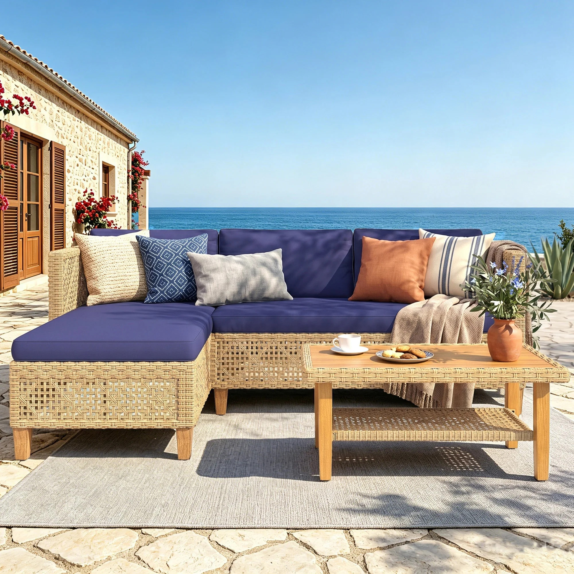 Alpha Joy 3 Pieces Wicker Patio Furniture Conversation Set Boho Style Outdoor Sofa with Coffee Table and Navy Blue Cuchions - Walmart.com | Walmart (US)
