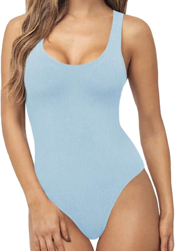 MANGOPOP Women's Scoop Neck Ribbed Racerback Tank Top Bodysuits | Amazon (US)