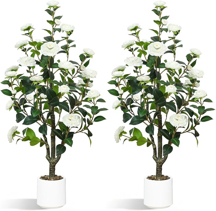 Artificial Camellia Tree 2 Pack, 3.3FT Tall Fake Camellia Plant with Blooming White Flowers & Whi... | Amazon (US)