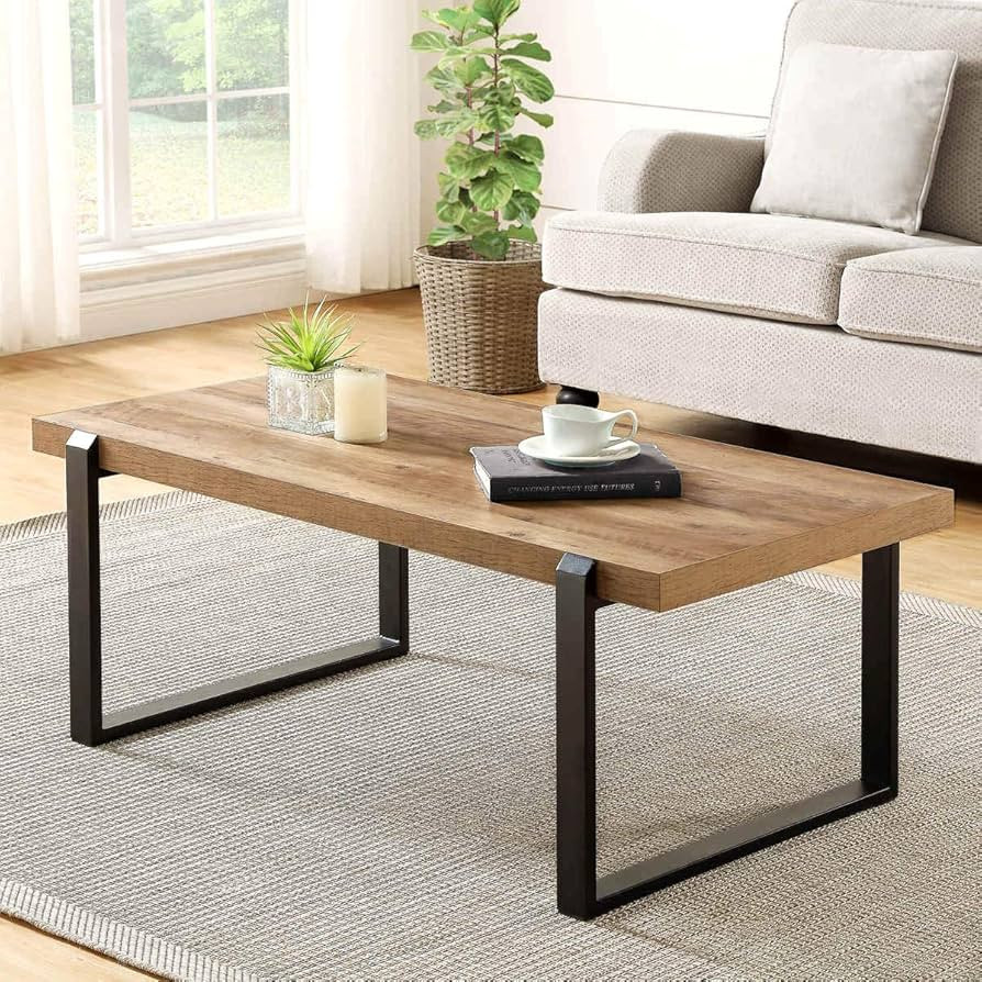 FOLUBAN Rustic Coffee Table,Wood and Metal Industrial Cocktail Table for Living Room, 47 Inch Oak | Amazon (US)