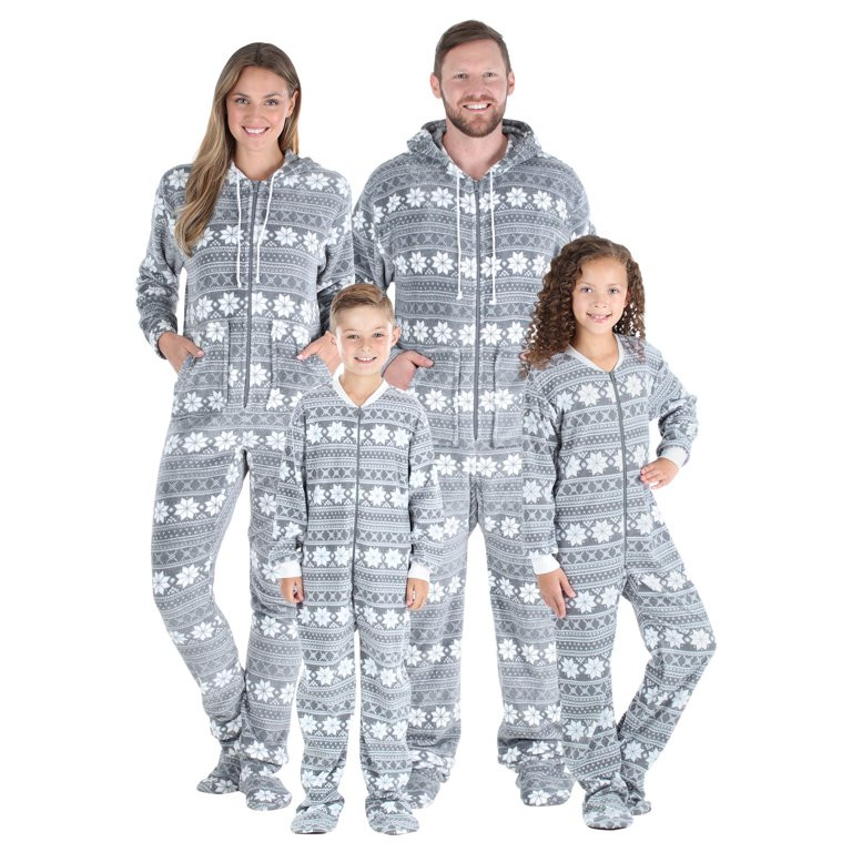 SleepytimePjs Family Matching Fleece Grey Snowflake Onesie Hooded Footed Pajama - Walmart.com | Walmart (US)