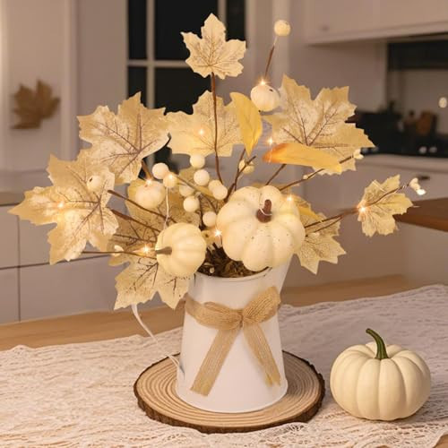 [Light & Timer] Fall Decor Table Centerpiece Potted White Maple Arrangement in Metal Pitcher Neutral Rustic Artificial White Pumpkin Berries Fall Decoration for Home Mantel Autumn Thanksgiving Wedding | Amazon (US)