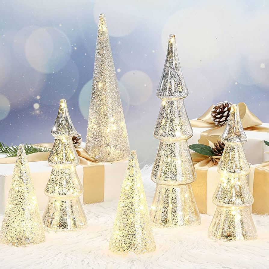 6 Pcs Mercury Glass Christmas Tree Silver Plate Glass Tree Figurines with LED Fairy Lights 11 In ... | Amazon (US)