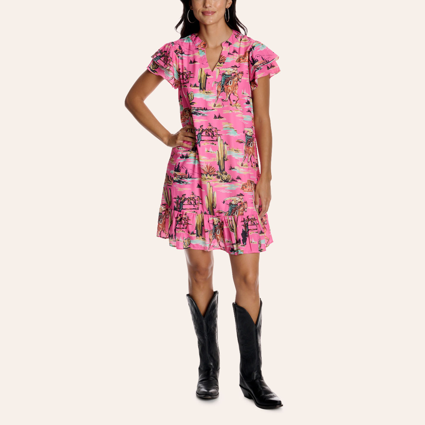 Fashion Express Women's Pink Western Print Flutter Sleeve Mini Dress - M - From Cavender's | Cavender's